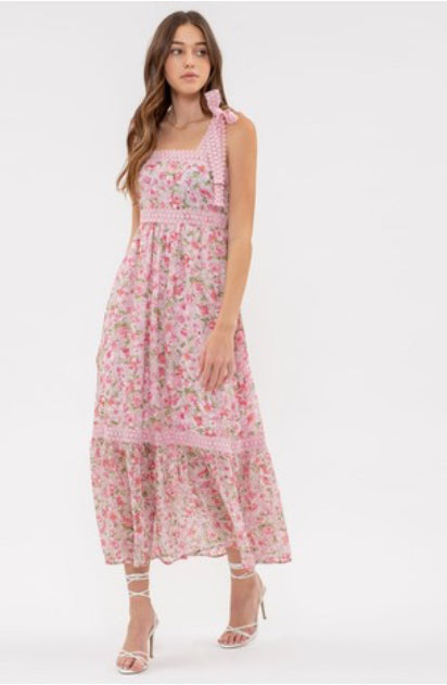 FLORAL PRINT RIBBON TIE MIDI DRESS